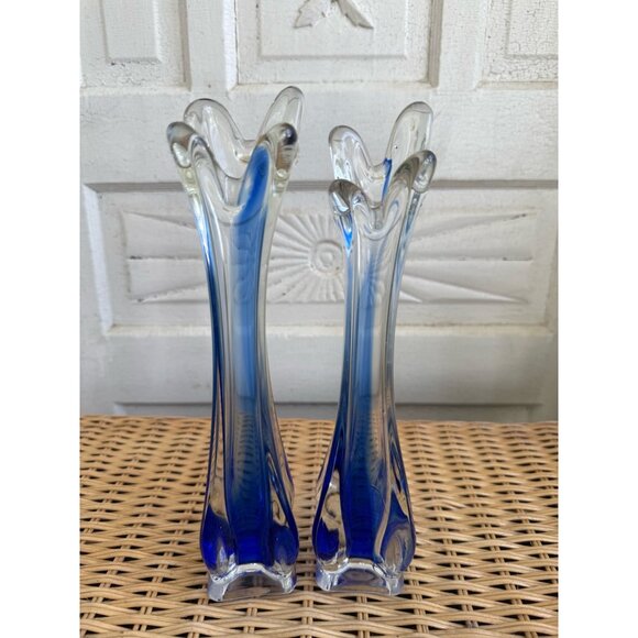 Vintage MCM Pair Clear Art Glass Cobalt Blue Swung Vases 10" - Picture 1 of 8